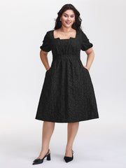 Solid Jacquard Puff Sleeve Midi Dress
