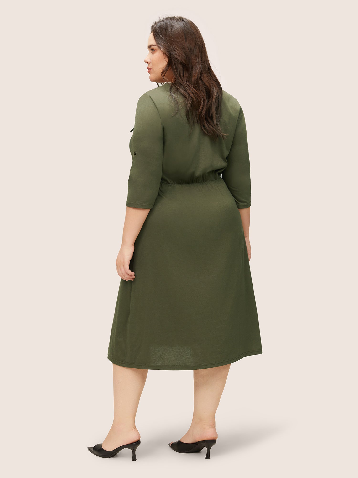 Plain Half Zip Flap Detail Tab Sleeve Dress