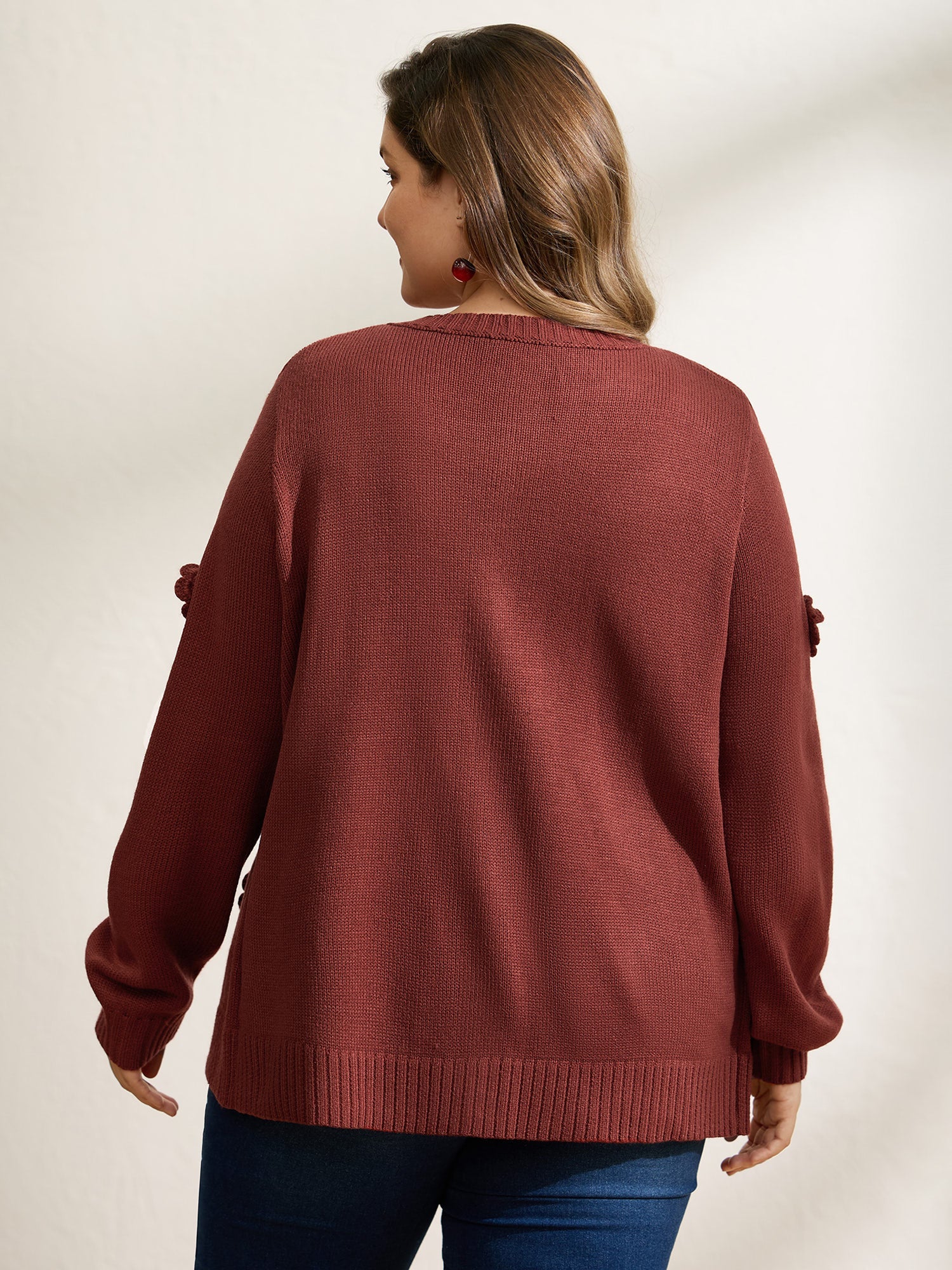 3D Floral Pattern Round Neck Knit Cardigan