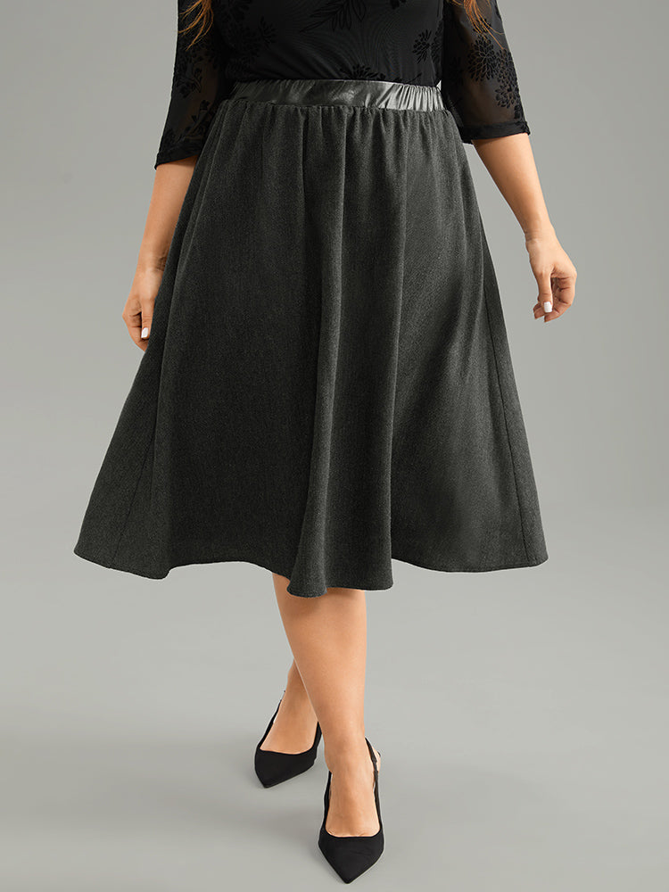 Solid PU Patchwork Pocket Elastic Waist Skirt