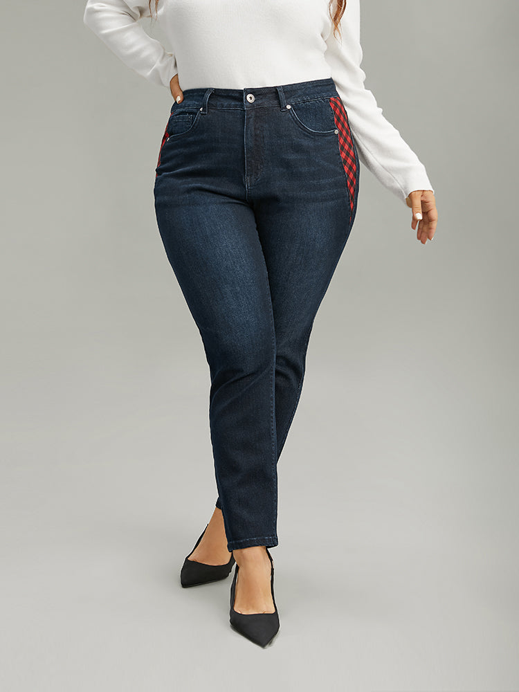 Plaid Patchwork Straight Leg Dark Wash Jeans