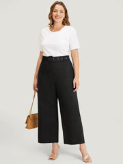 Solid Pocket Eyelet Detail Buckle Belted Pants