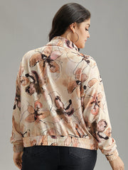 Floral Zipper Gathered Elastic Cuffs Jacket