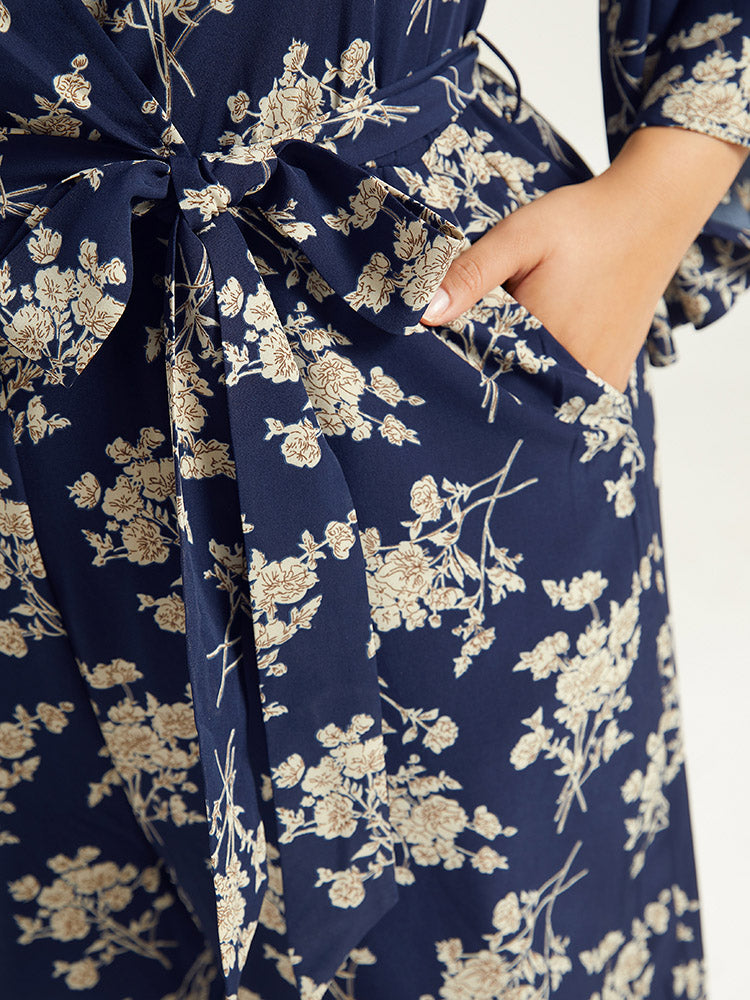 Floral Print Bell Sleeve Pocket Belted Jumpsuit
