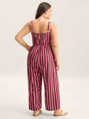 Shirred Stripes Adjustable Pockets Jumpsuit