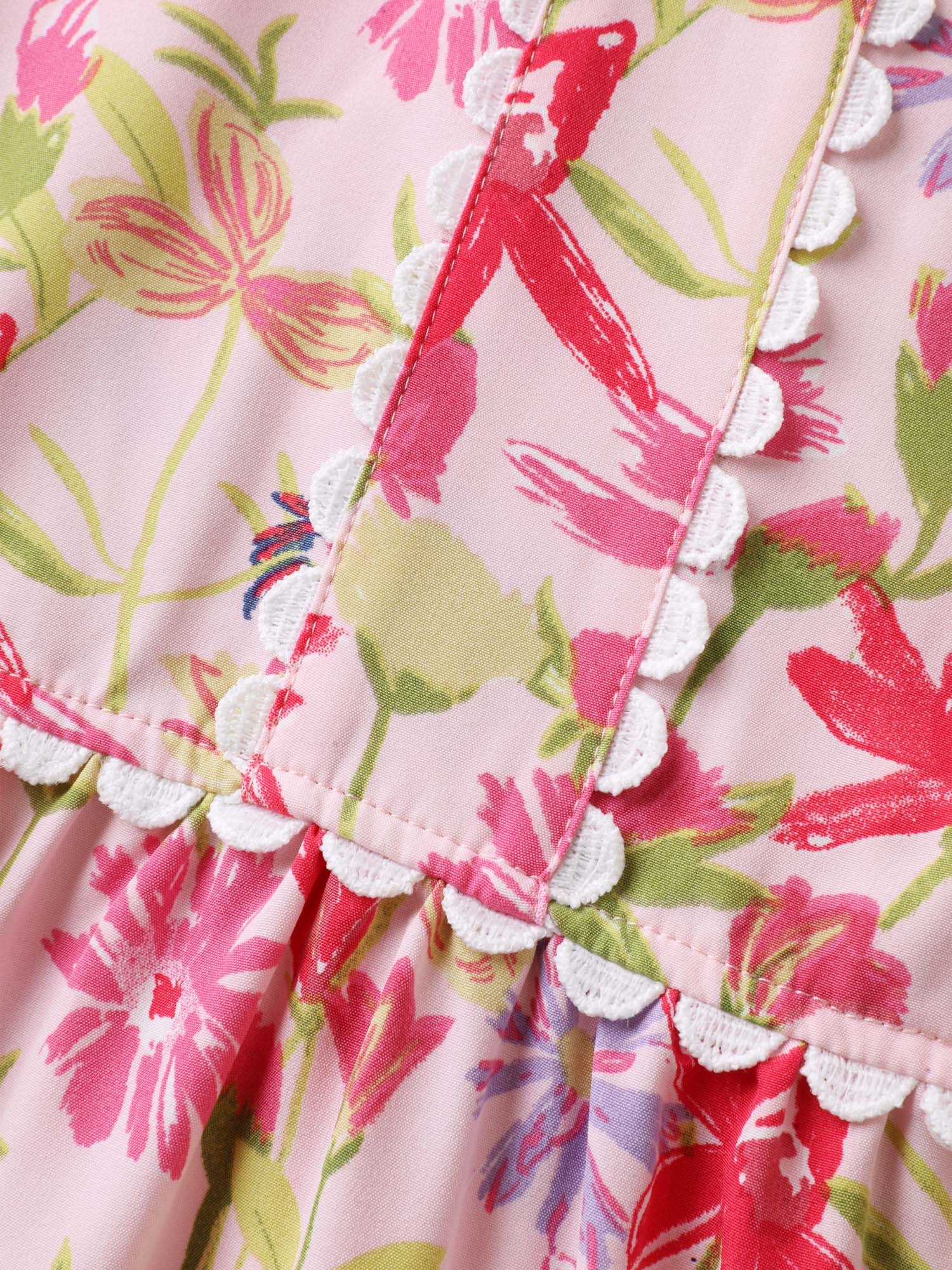 Floral Color Block Lace Trim Midi Dress