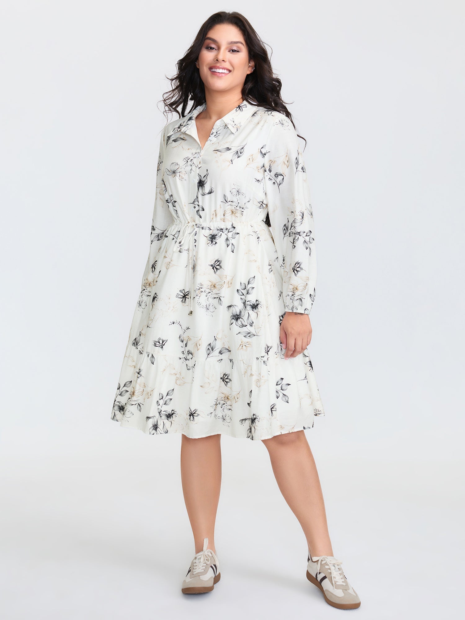 Floral Print Drawstring Waist Midi Dress