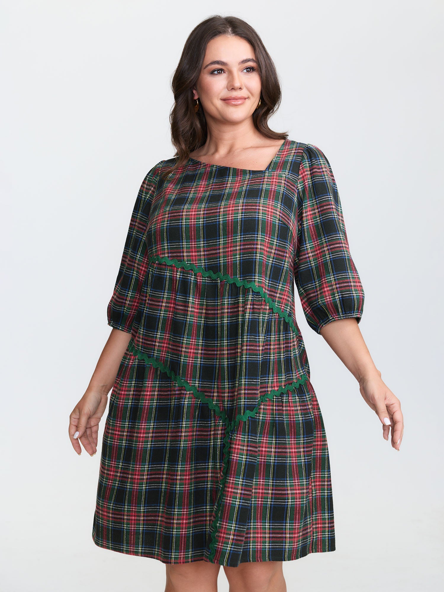 Festive Plaid Wavy Trim Midi Dress