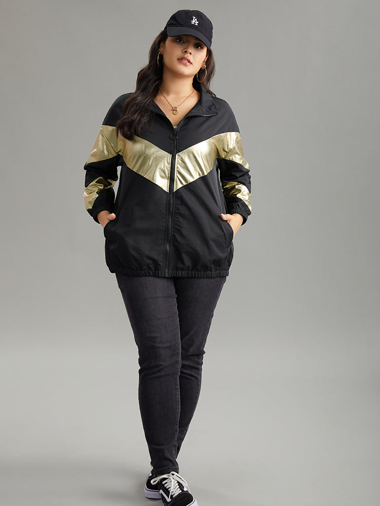 Geometric Patchwork Contrast Zipper Jacket