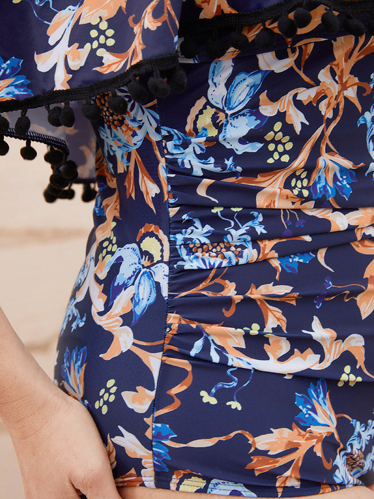 Floral Pompom Trim Cold Shoulder One Piece Swimsuit