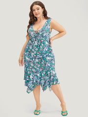 Floral Print Hanky Hem Knot Deep V Neck Tank Dress