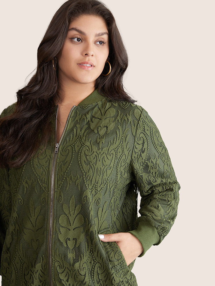 Silhouette Floral Print Zipper Lace Panel Jacket