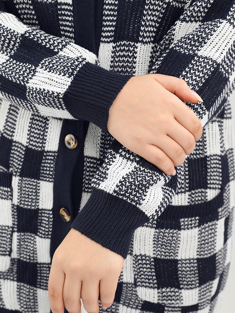 Plaid Pointelle Knit Pocket Button Front Cardigan