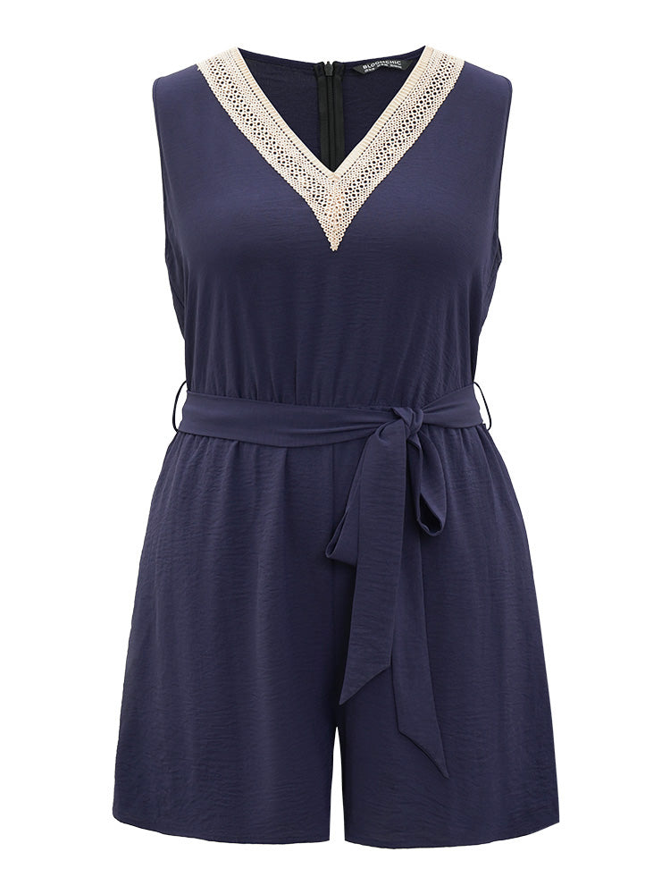 Solid Pocket Contrast Lace Belted Tank Romper