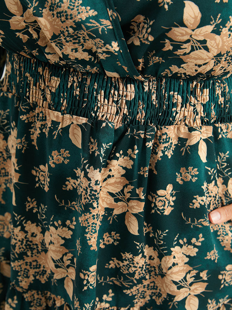 Silhouette Floral Print Surplice Neck Shirred Dress