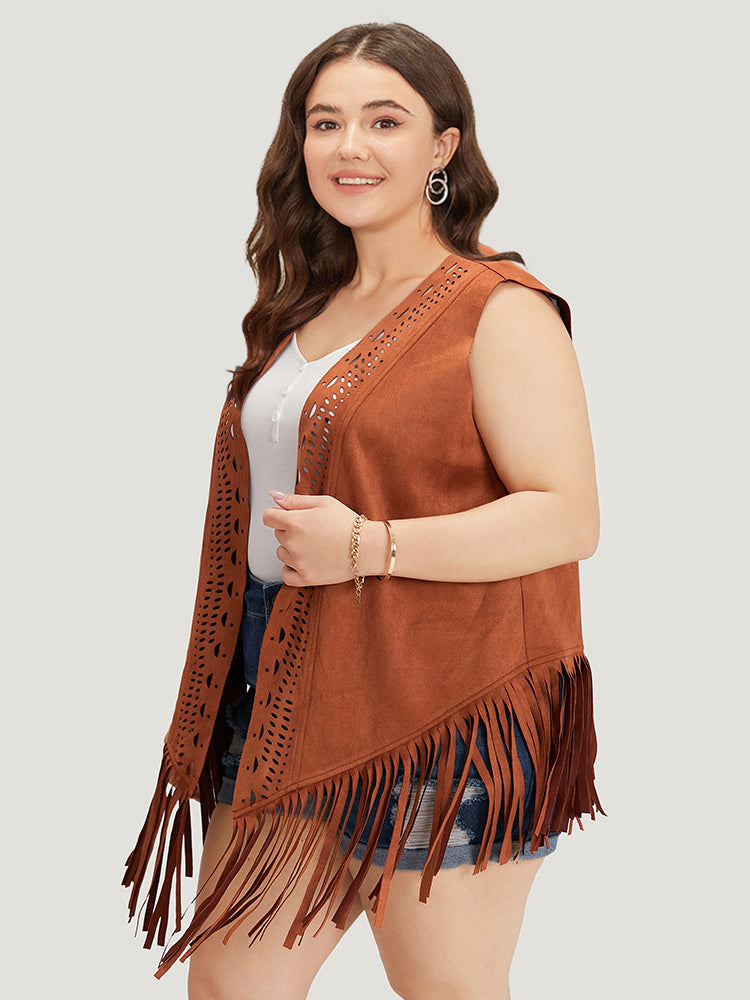 Plain Laser Cut Tassel Trim Sleeveless Kimono