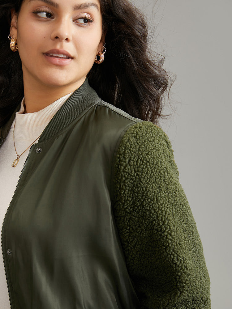 Plain Fuzzy Patchwork Zipper Flap Pocket Jacket