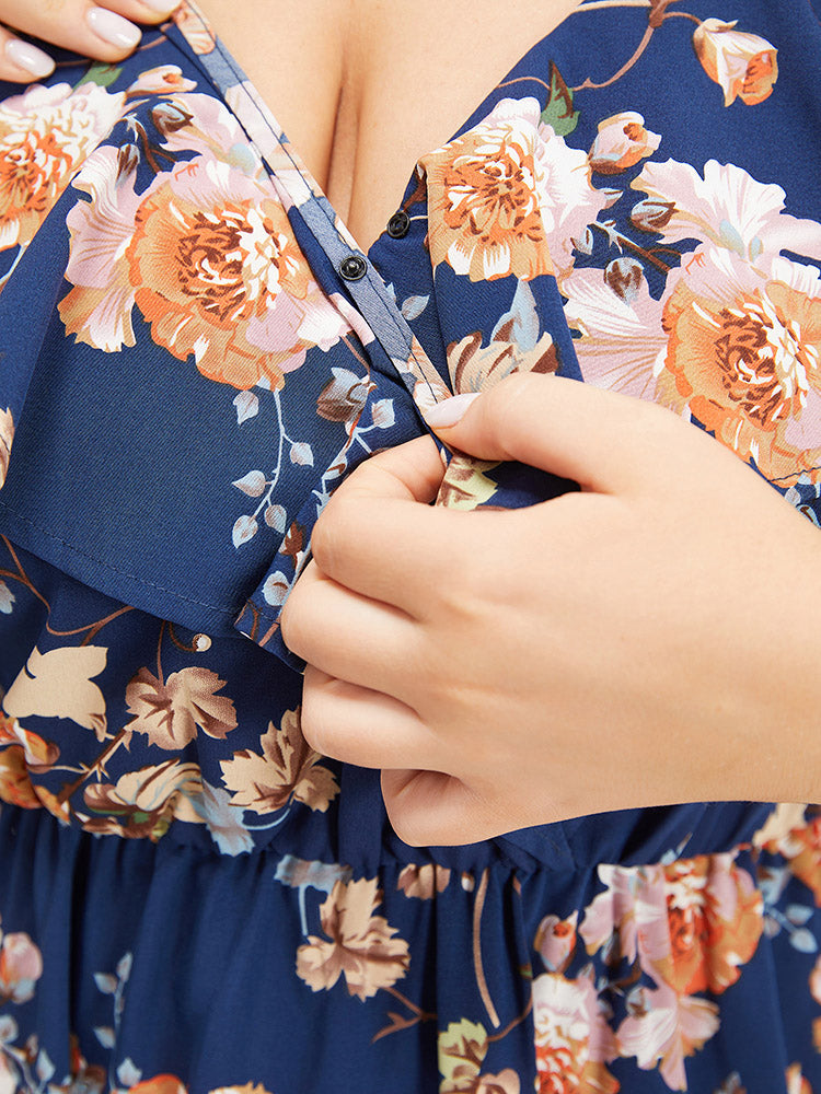 Floral Print Ruffle Trim  Elastic Waist Cold Shoulder Dress