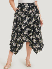 Floral Print Pocket Elastic Waist Hanky Hem Skirt