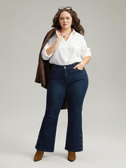 Plain Button Detail Flare Leg Full Length Jeans