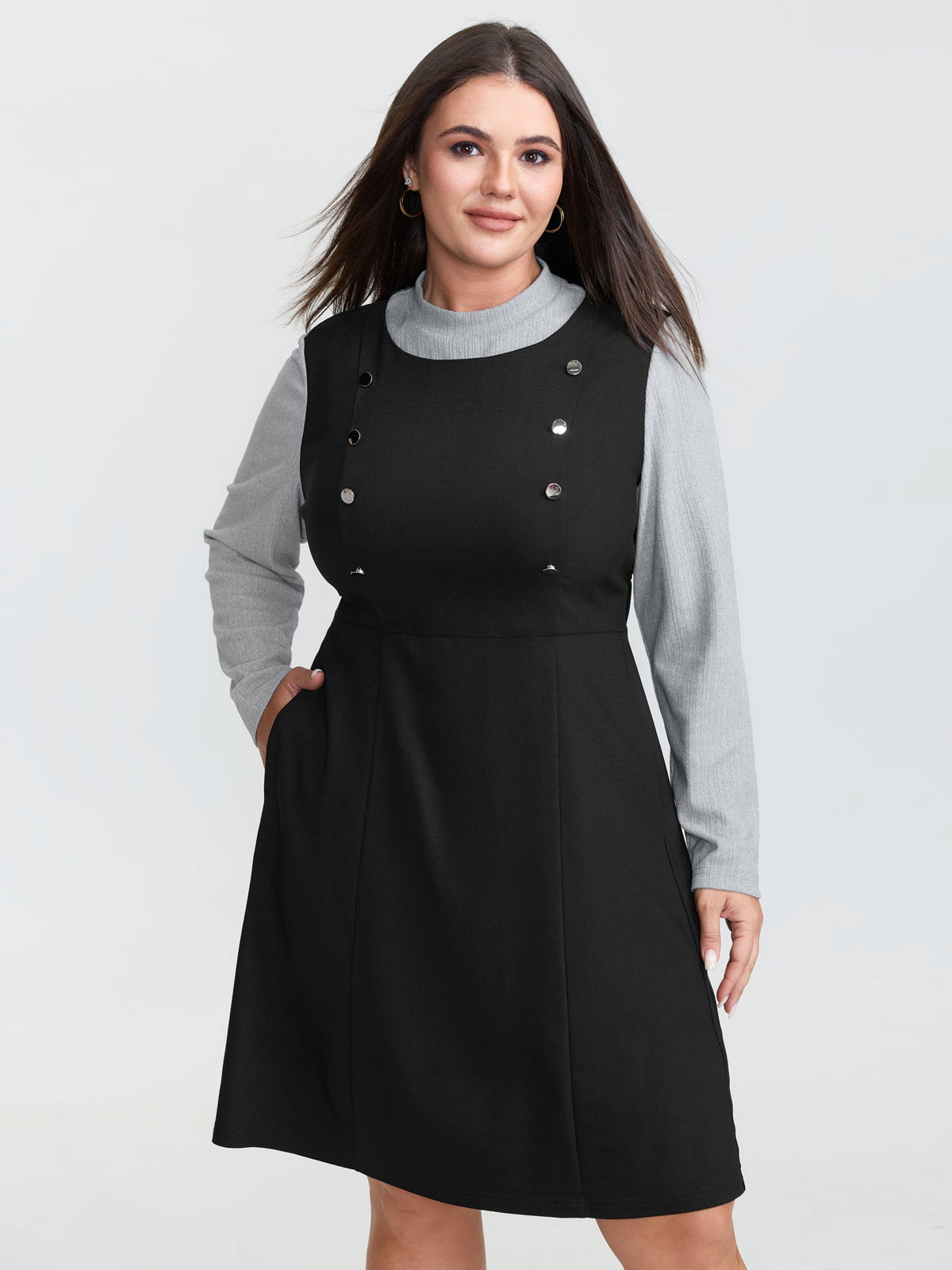 2-In-1 Button Detail Waist-Defining Midi Dress