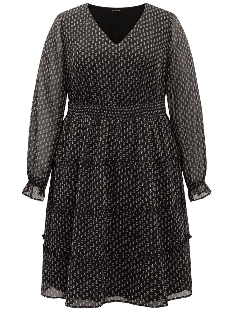 Geometric Shirred Mesh Frill Trim Dress