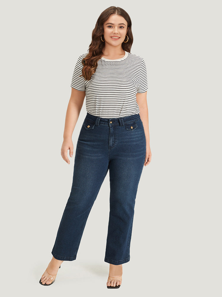 Plain Button Detail High Rise Dark Wash Jeans