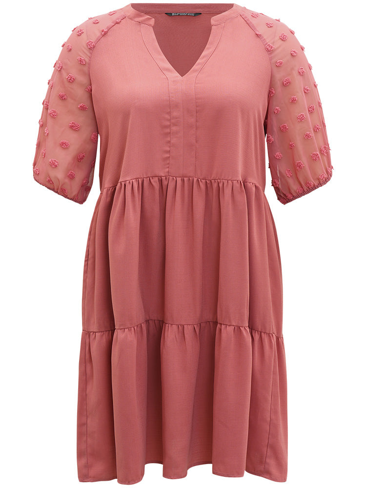 Solid Notched Lantern Sleeve Ruffle Layered Hem Dress