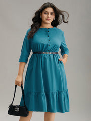 Solid Button Up Ruffles Pocket Gathered Dress
