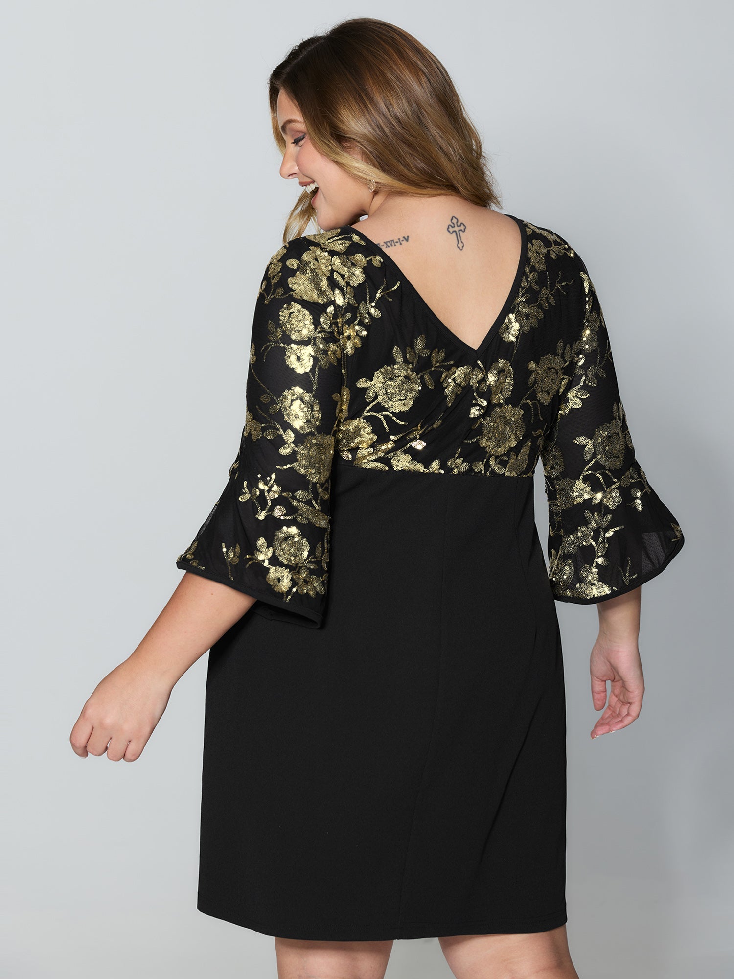 Sequin Floral Cut-Out Drapey Knee-Length Dress