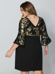 Sequin Floral Cut-Out Drapey Knee-Length Dress