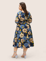Floral Print Square Neck Shirred Cuffs Dress