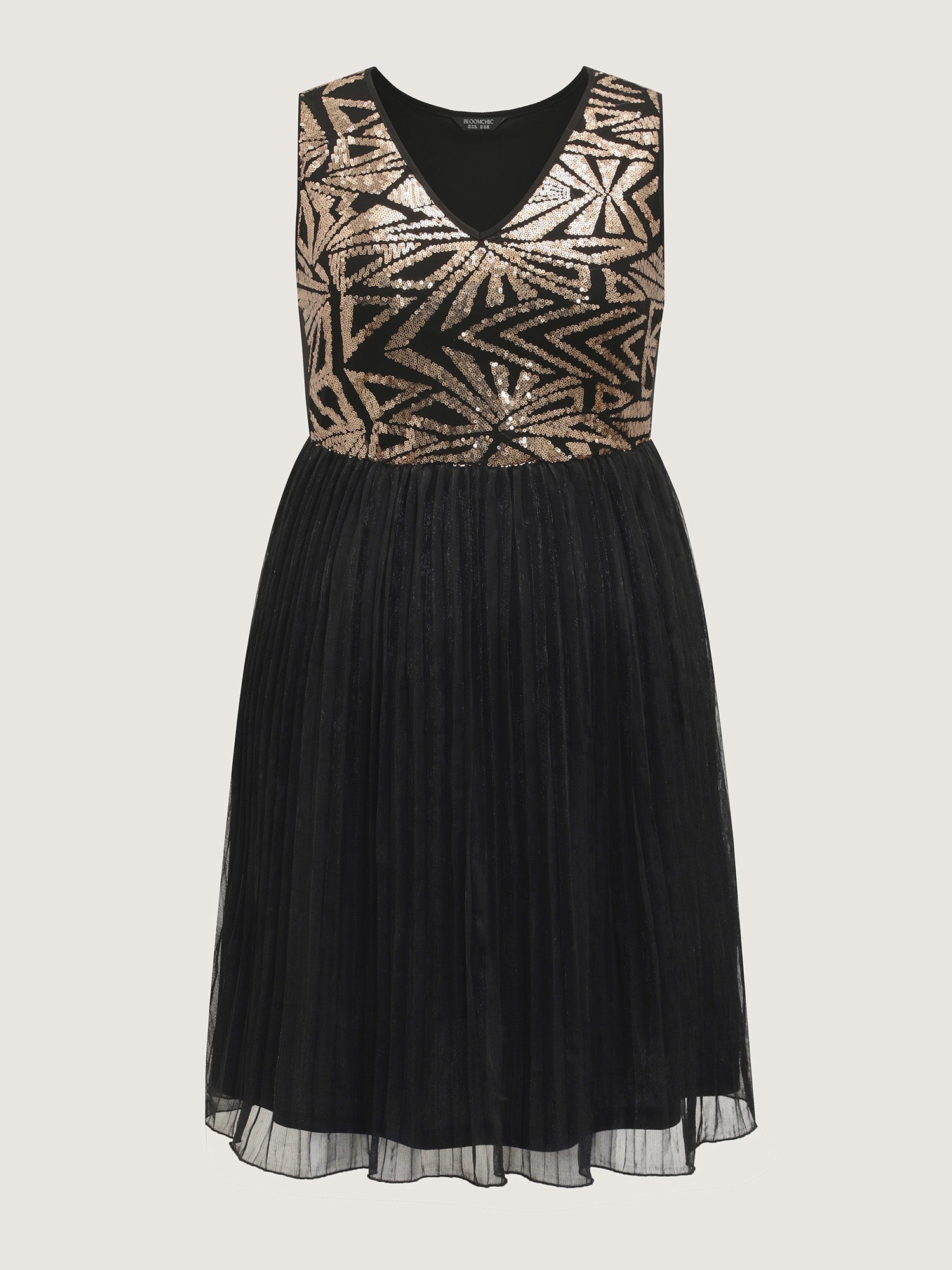 Shimmery Padded V-Neck Pleated Midi Dress