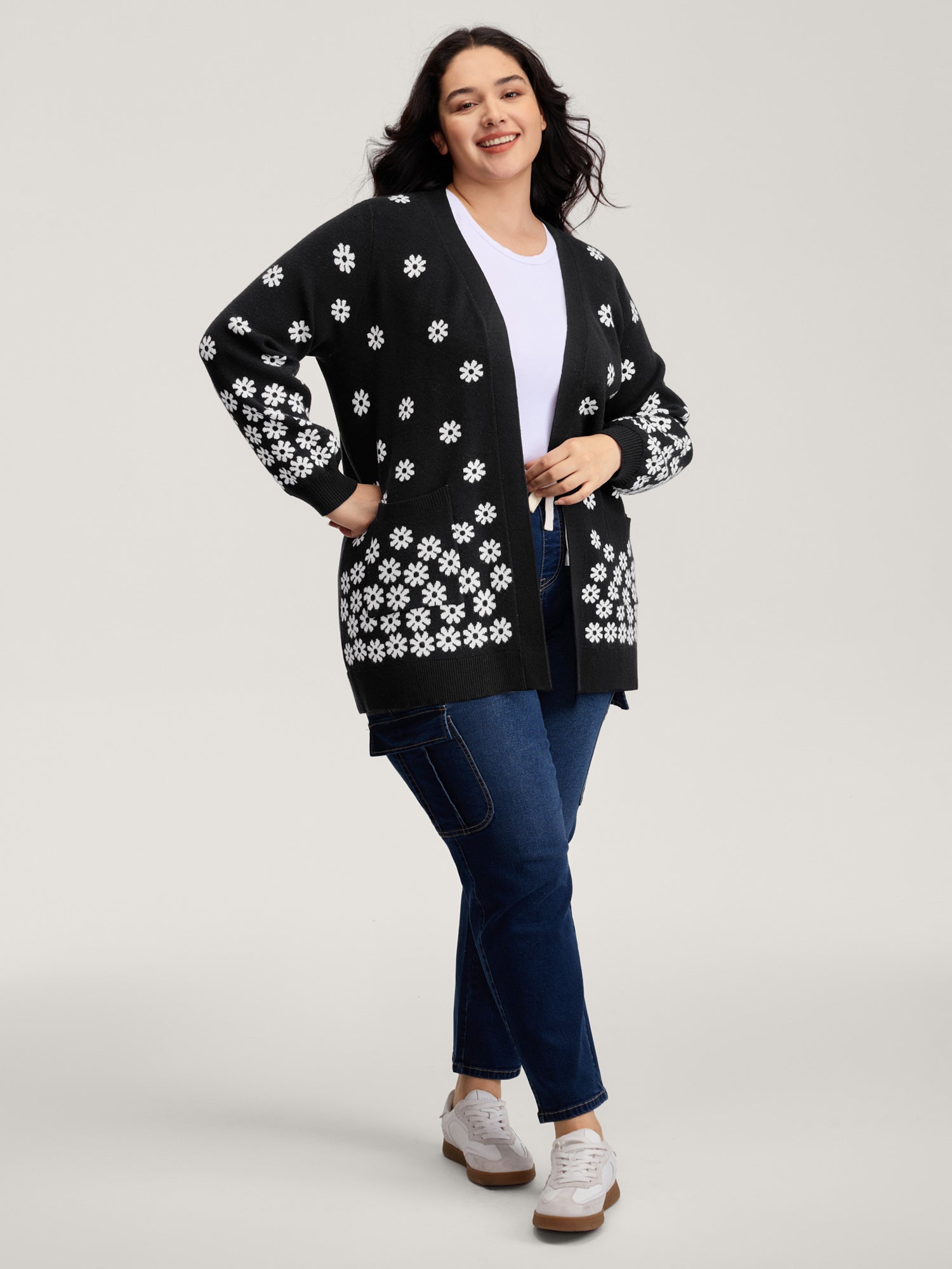 Scattered Floral Pattern Open-Front Cardigan