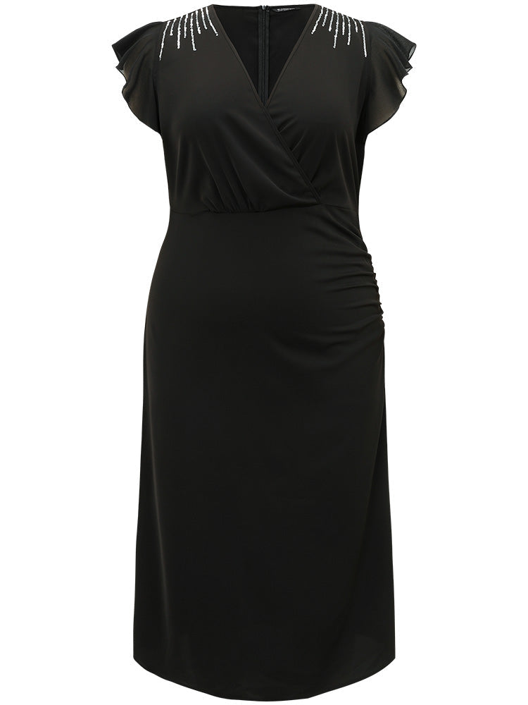 Sequin Surplice Neck Ruffle Trim Zipper Dress