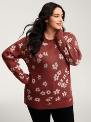 Floral Pattern Round Neck Ribbed Pullover