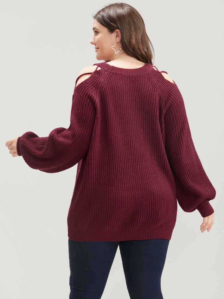 Solid Pointelle Knit Cut Out Lantern Sleeve Knit Top