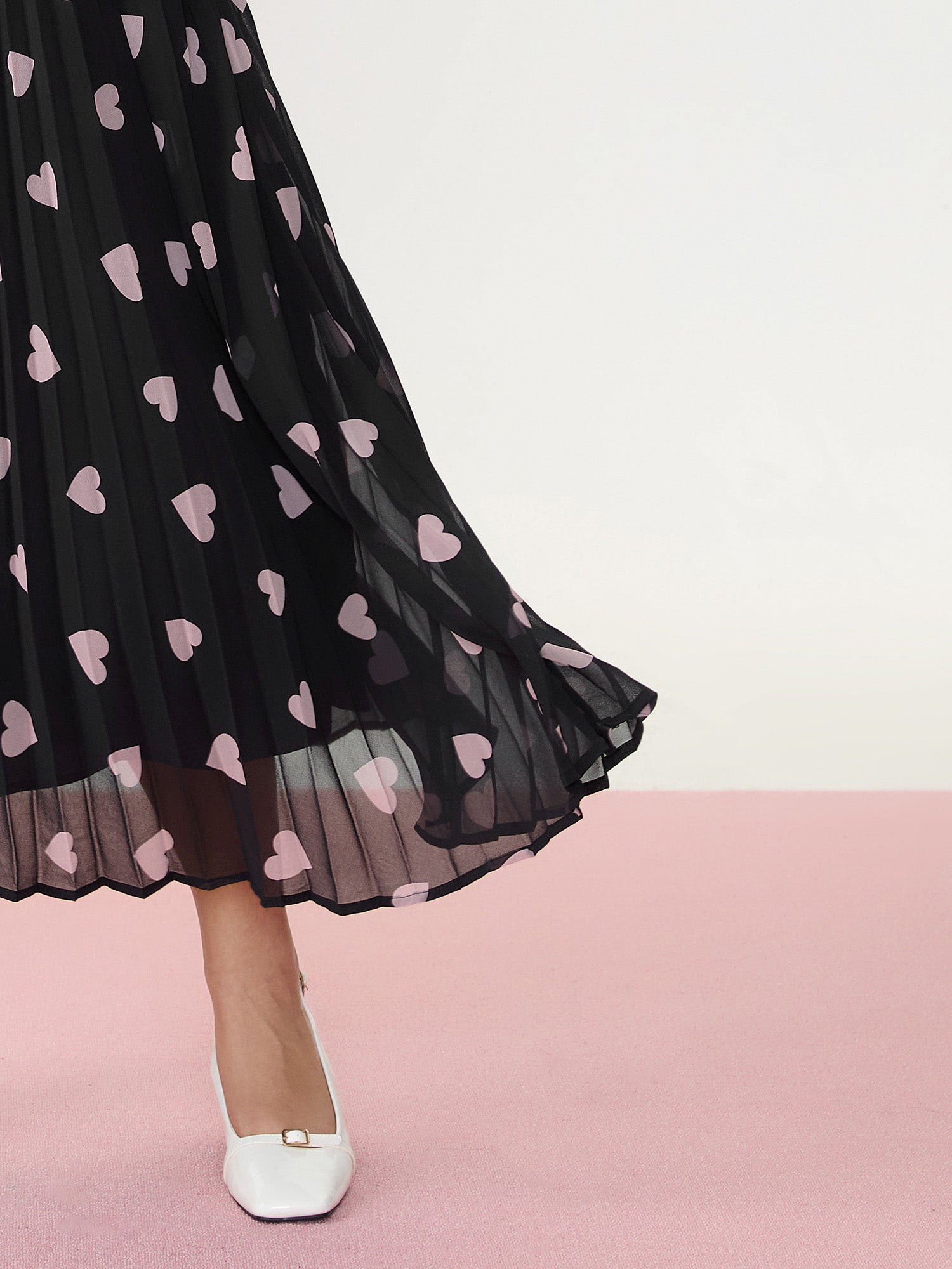 Heart Mesh Pleated Maxi Skirt