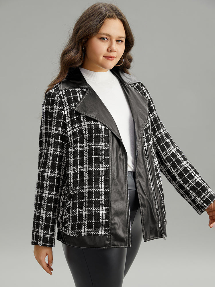 Plaid PU Patchwork Zipper Fly Jacket