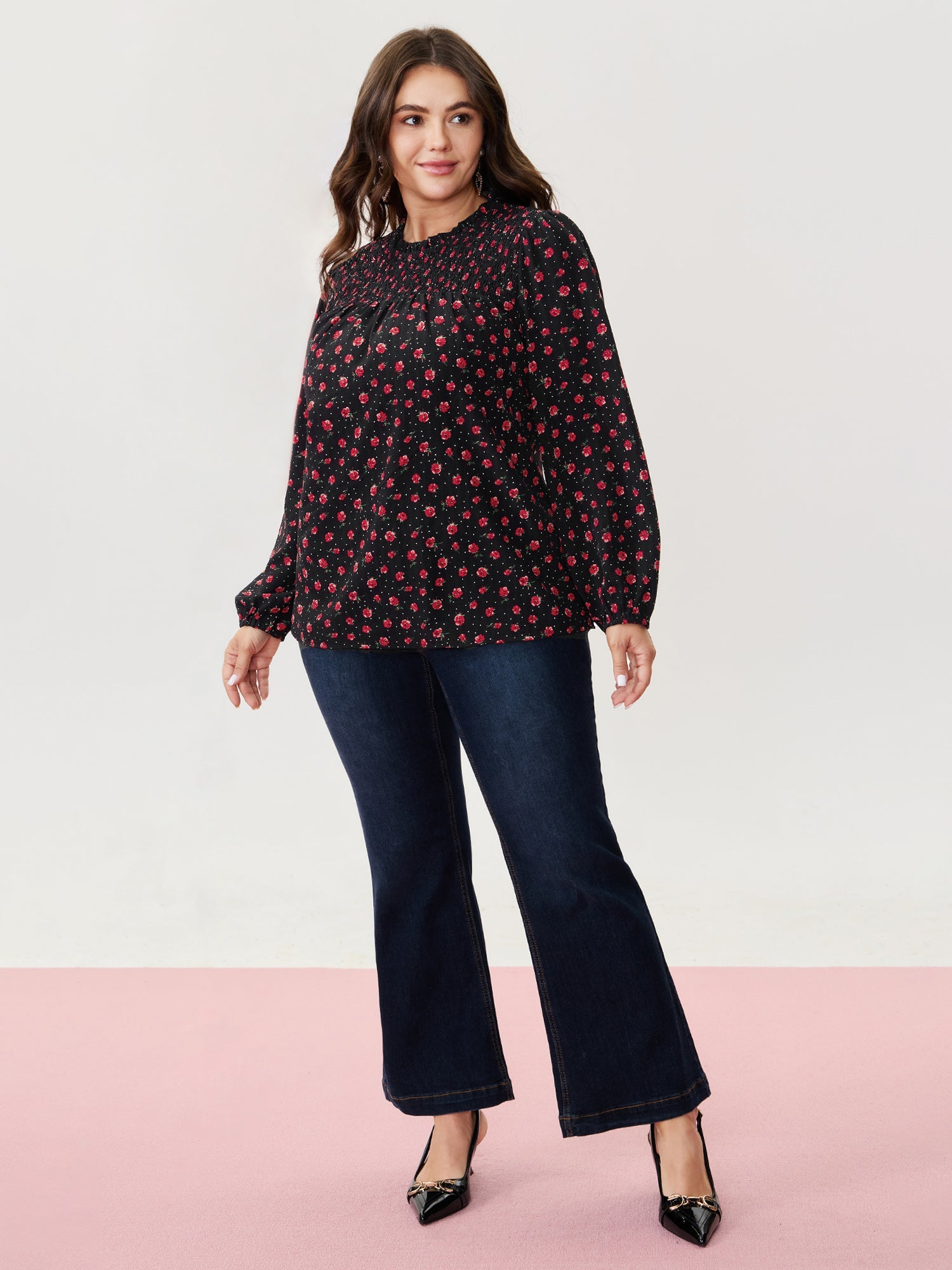 Shirred Ruffled Collar Floral Blouse