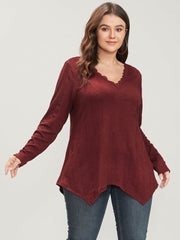 Solid V Neck Lace Trim Asymmetrical Hem Long Tee