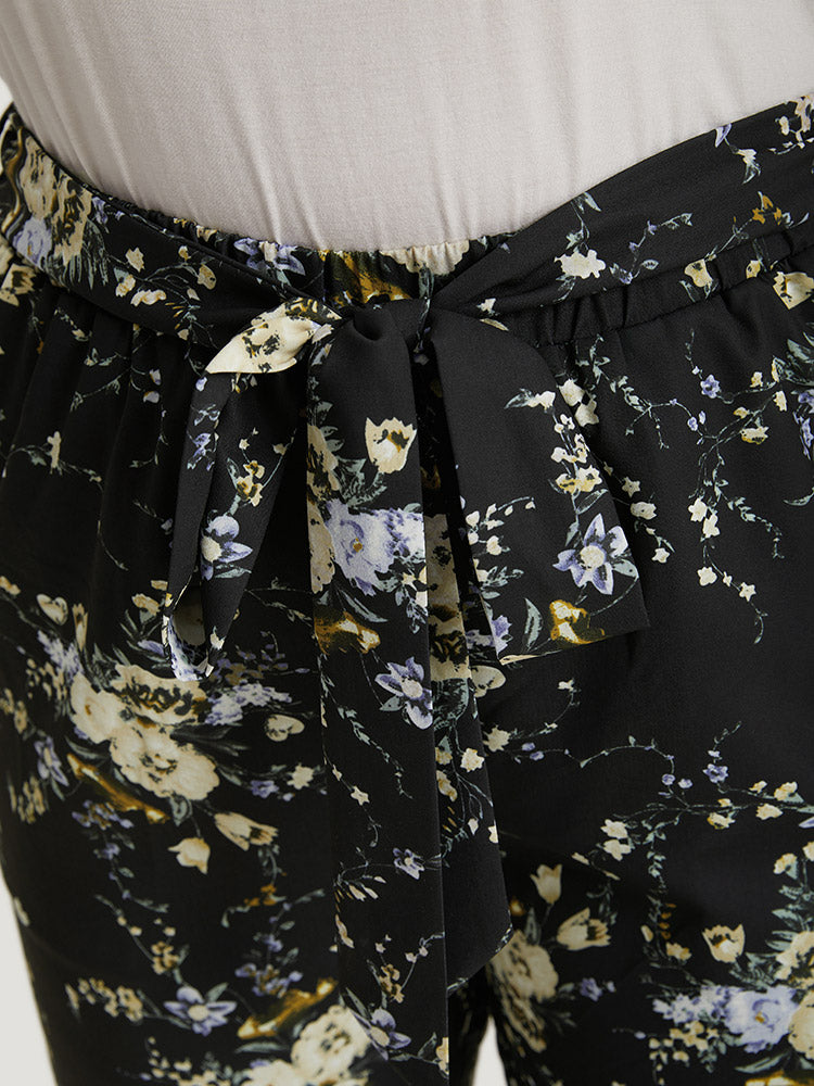 Floral Print Pocket Belted Pants
