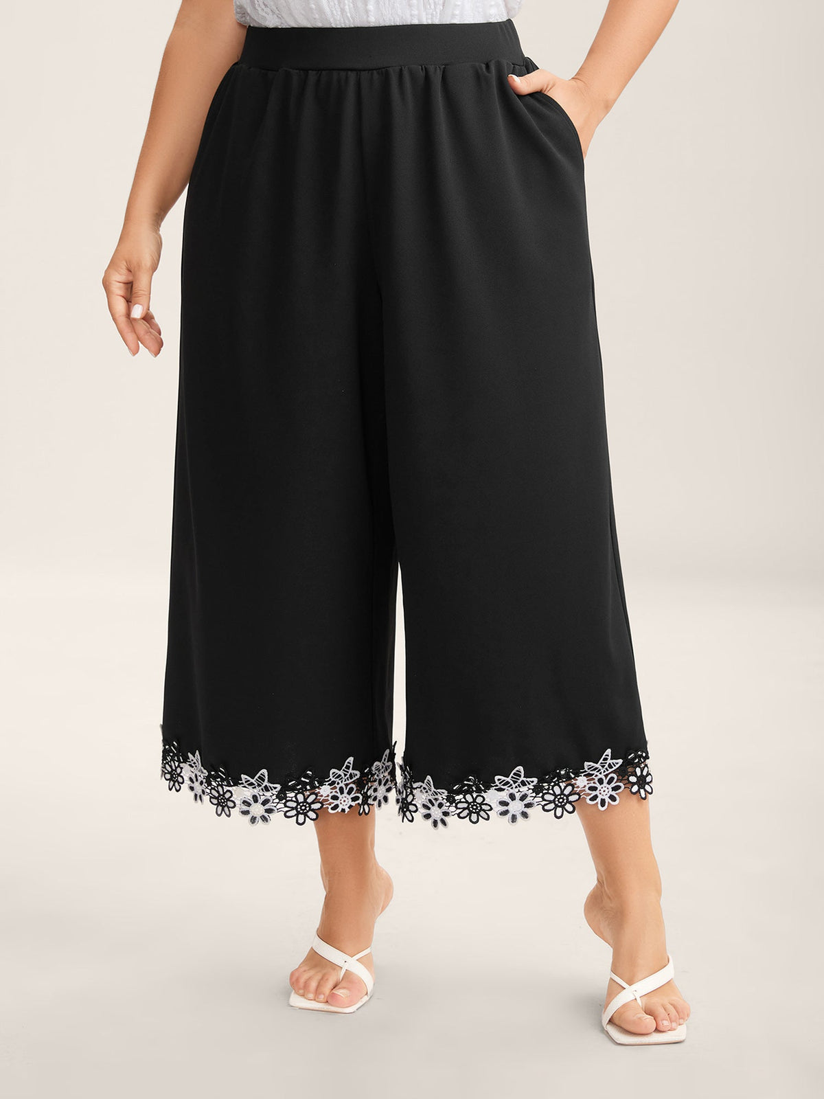 Floral Lace Hem Wide-Leg Pants