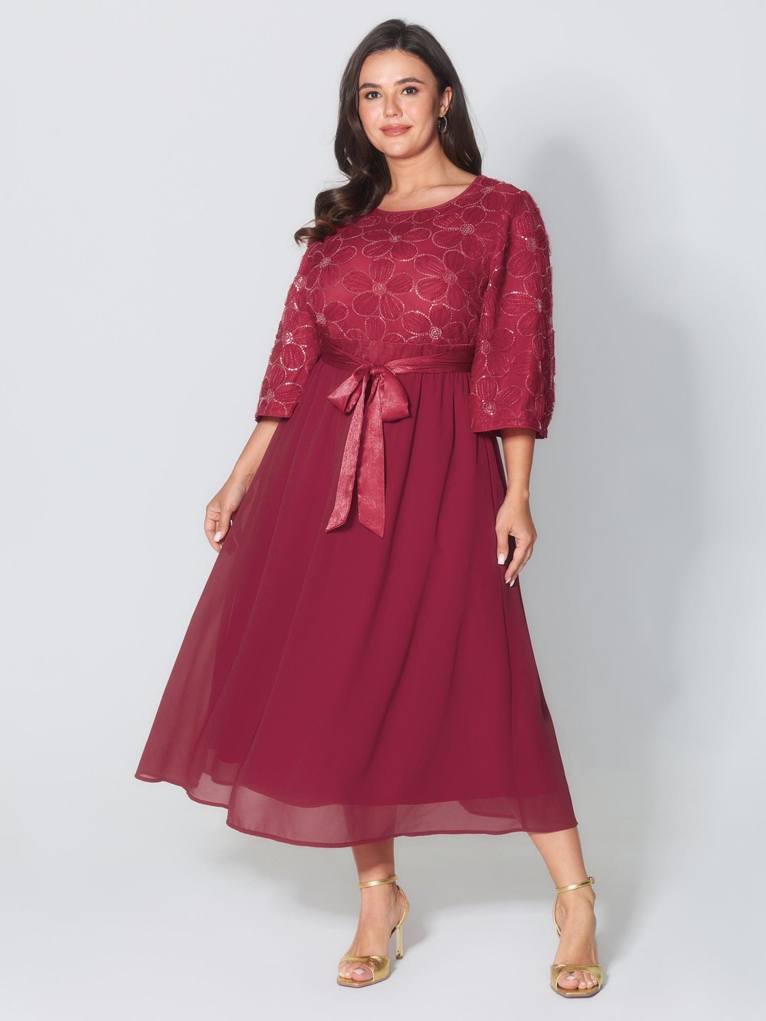 Sequin Floral Tulle Shirred Waist Maxi Dress