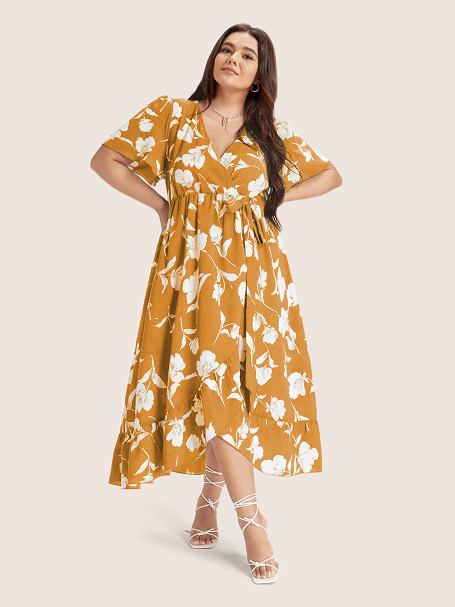 Floral Ruffle Knot Side Wrap Dress