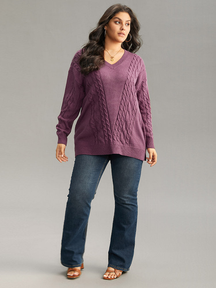 Solid Cable Knit V Neck Split Side Pullover