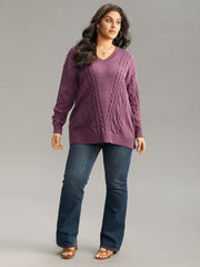 Solid Cable Knit V Neck Split Side Pullover