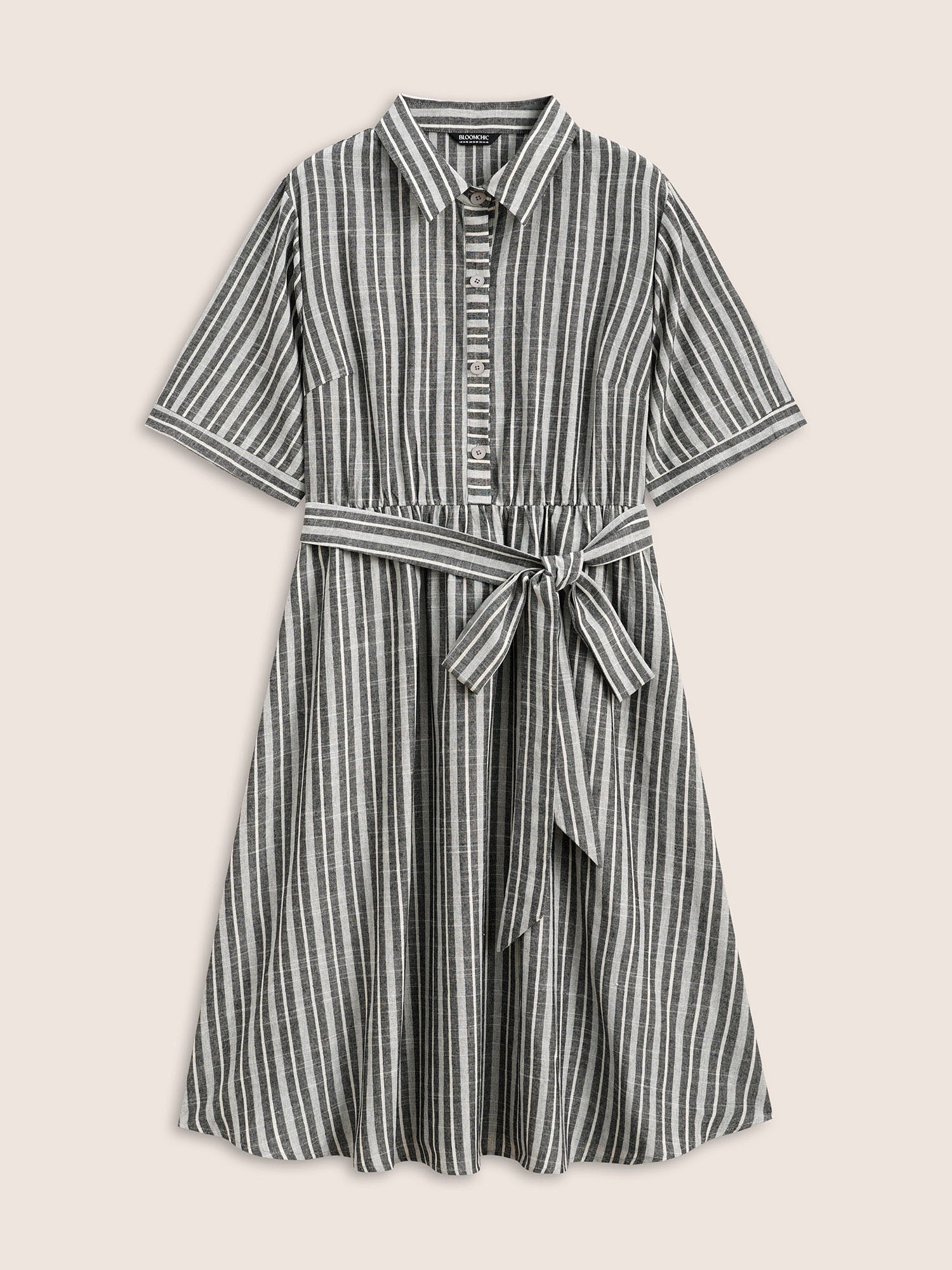 Shirt Collar Striped Button Up Belted Dress