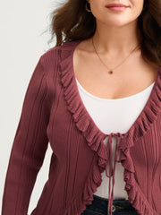 Ruffled Edged Front Tie Knit Cardigan