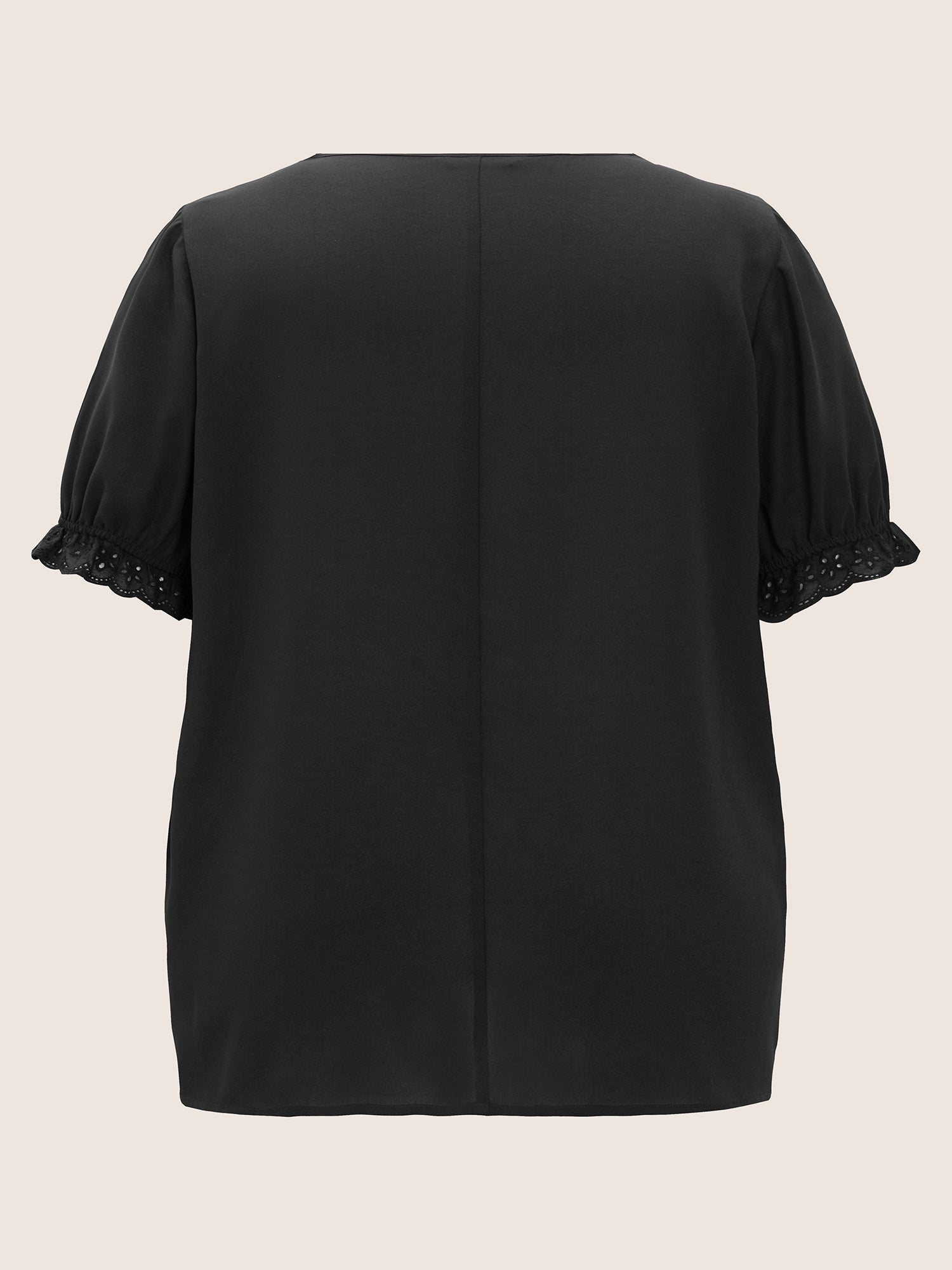 Solid Lace Trim Button Up Laser Cut Puff Sleeve Blouse